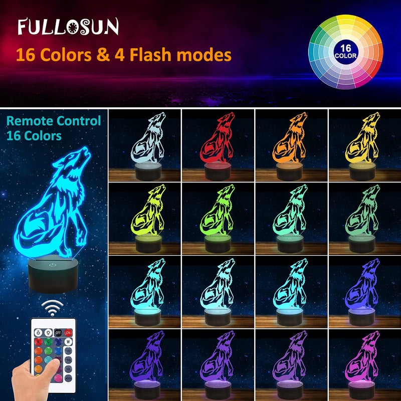 FULLOSUN Wolf Gifts, 3D Night Light for Kids Optical Illusion Lamp Co-Sleeping,Remote Controller with 16 Color Changing Birthday Gifts & for Kids, Boys & Men - Image 2
